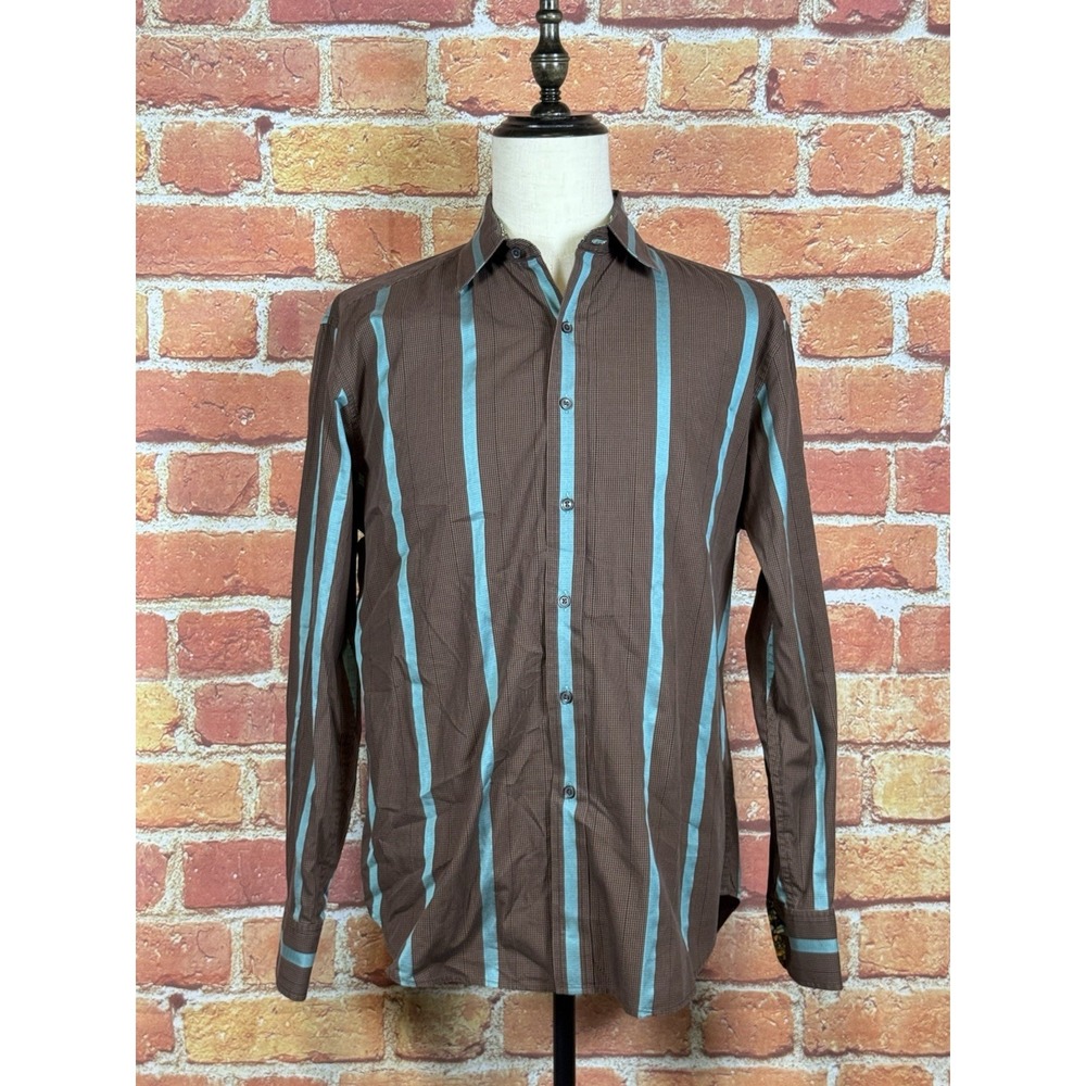 Robert Graham Button Up Long Sleeve Shirt Men's Size Large Brown Blue Striped